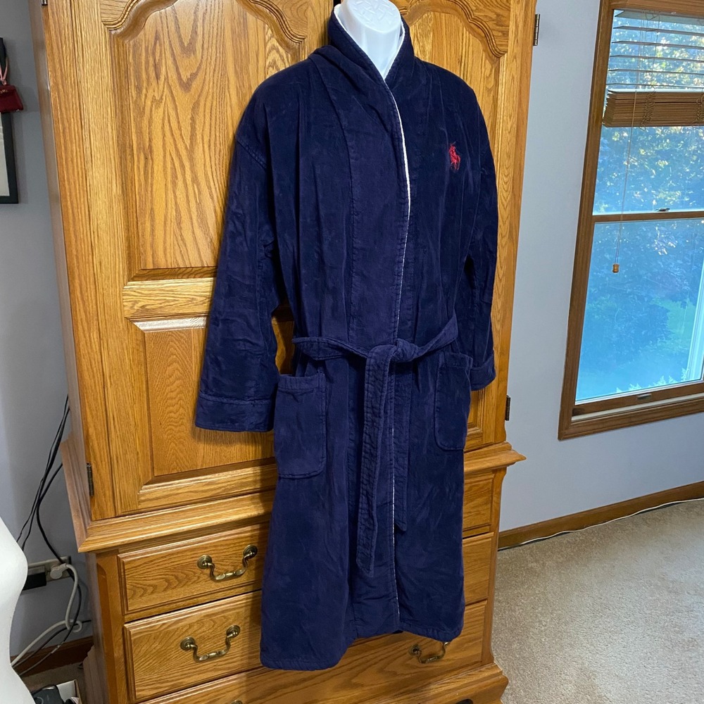Polo Ralph Lauren VTG Robe Navy Red Fleece Lined Shawl Collar Belted Men OS - Picture 6 of 13